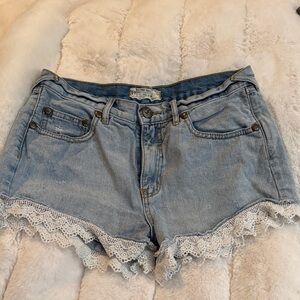 Free People Light Blue Jean Shorts with Lace Trim